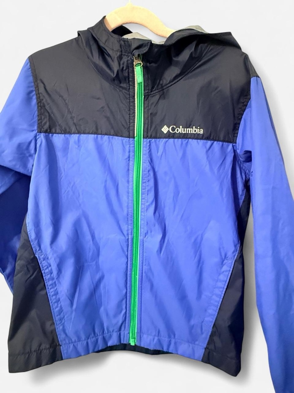 Columbia Kids Blue and Black Hooded Rain Jacket with Green Zipper